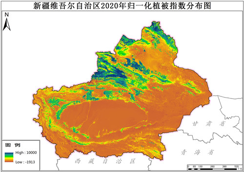 新疆维吾尔自治区2020年归一化植被指数NDVI分布数