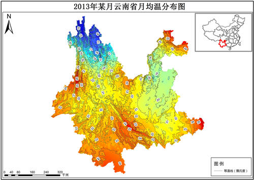 2013年云南省各月月均温分布数据