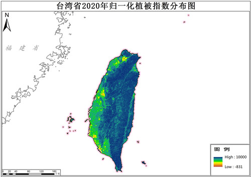 台湾省2020年归一化植被指数NDVI分布数据
