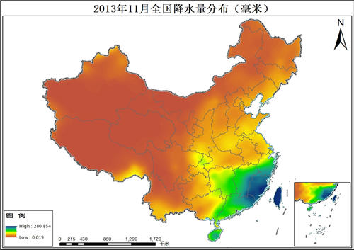 2013年11月全国降水量分布数据