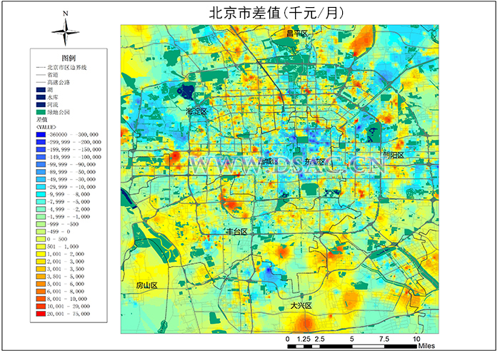 北京市2018年（上半年）工资与房租差值热点图