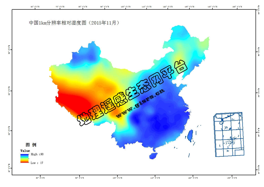 全国多年平均相对湿度空间分布数据