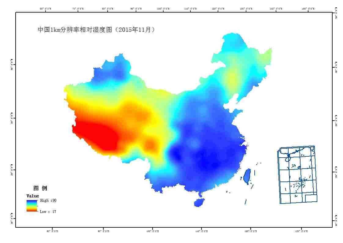 全国多年平均相对湿度空间分布数据